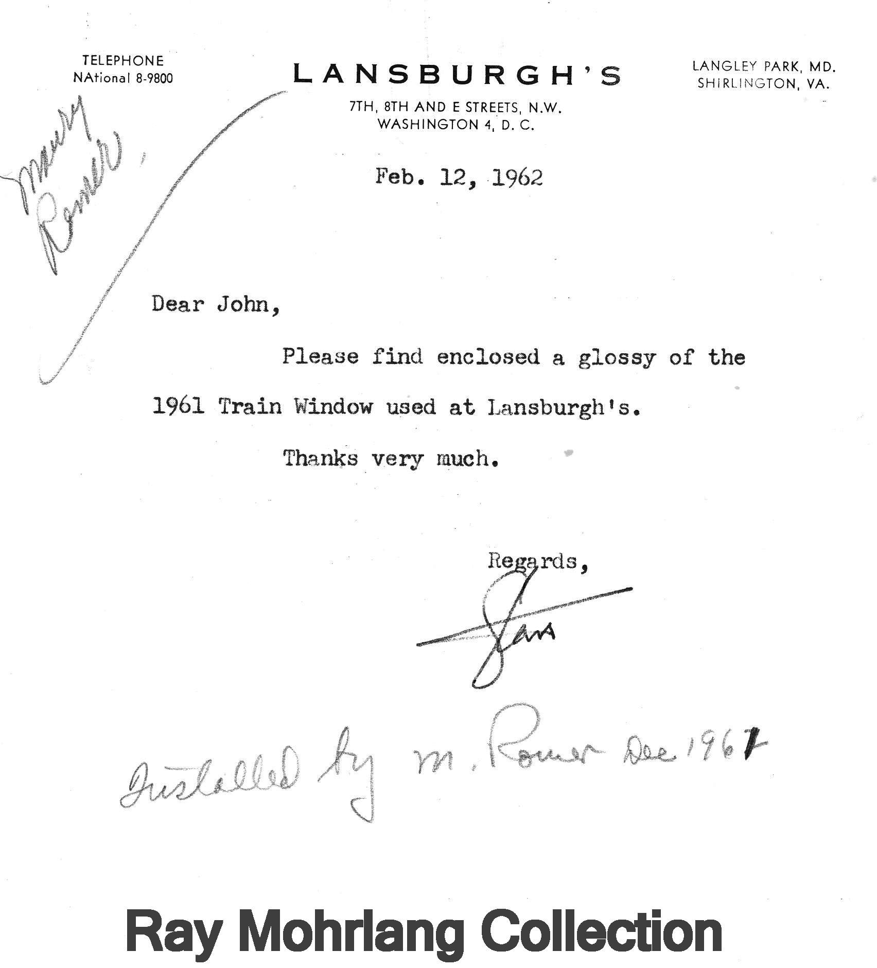 Letter From Lansburgh's