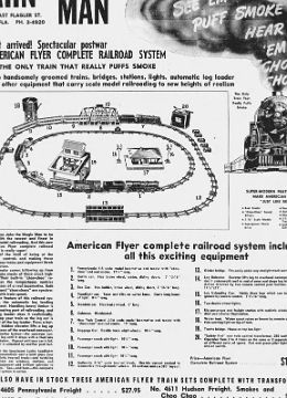 December 1946 - This is an ad for the 4624 Complete Railroad System set which was a replacement for the 4622 set of the same name, which but for unavailability, would have included a Northern and an 0-8-0 switcher. This 4624 used the available K5 and the Hudson.