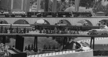 Closeup of viaduct and trestles viewed from the 5th Ave. window